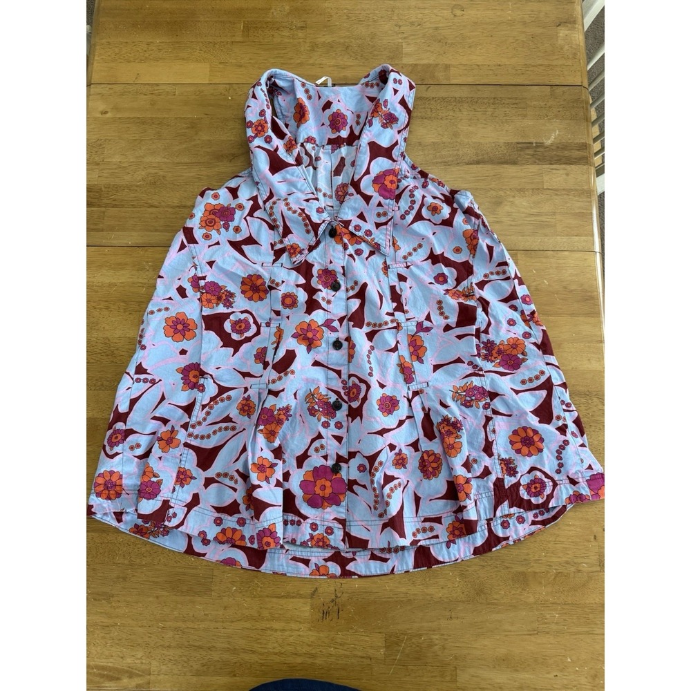 Free People Red Orange Light Blue Floral Small Dress Sleeveless With Pockets